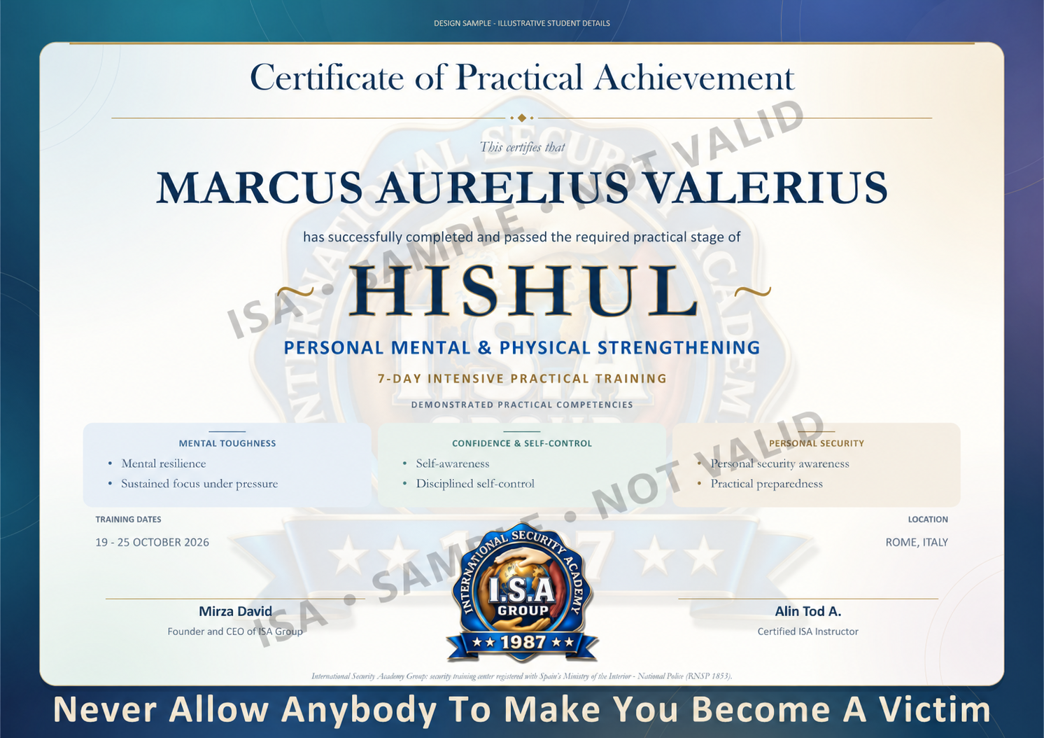 Watermarked English sample of the ISA HISHUL Certificate of Practical Achievement, with illustrative student details