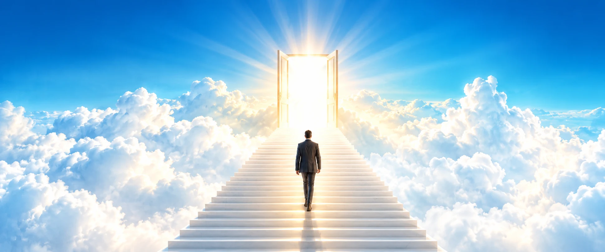 A person climbing a staircase towards a bright doorway above the clouds