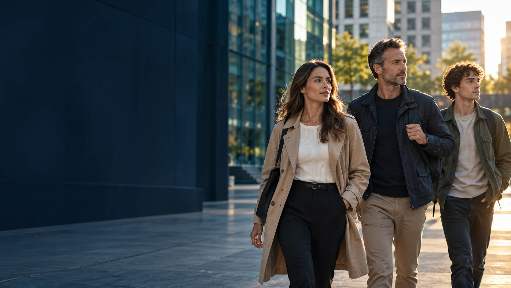 Three adults moving with confidence through a modern public space