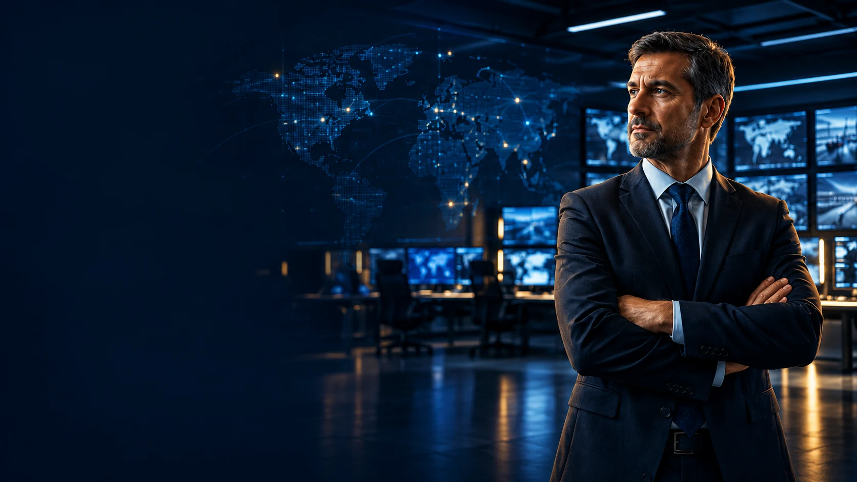An experienced security professional in a modern operations centre